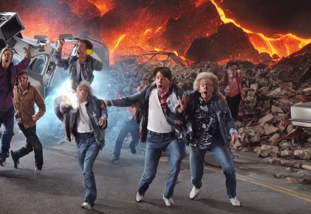 Prompt: marty mcfly and doc brown running around the delorean in a panicking crowd surrounded by the lava explosion in the ruins of pompei