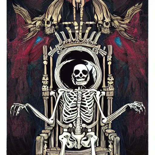 Prompt: a painting of a skeleton sitting on a throne, poster art by James Jean, behance contest winner, gothic art, tarot card, apocalypse art, behance hd