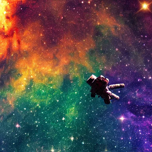 Image similar to an astronaut floats in a colorful nebula