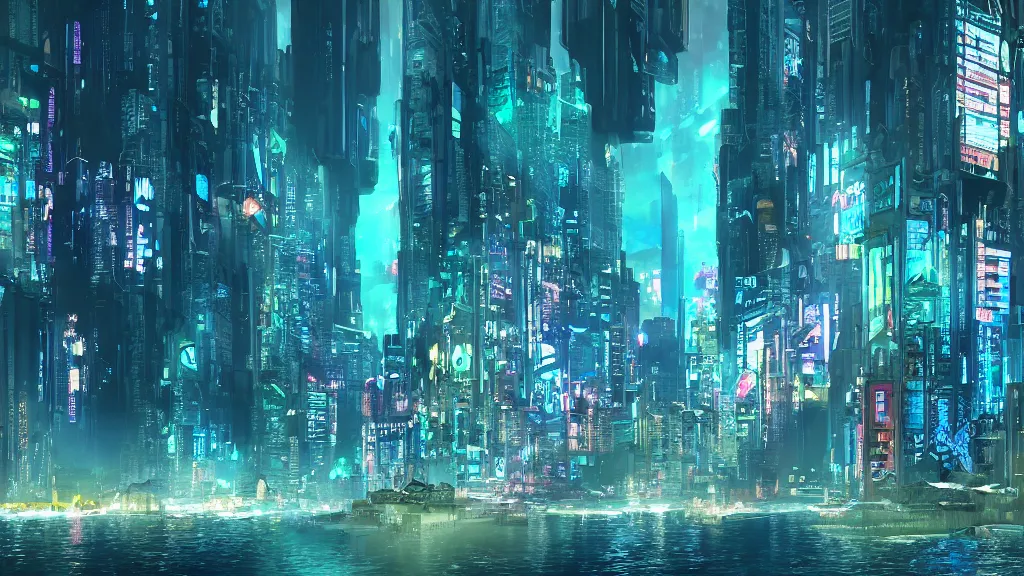 Image similar to immersed in cyberpunk city built underwater, submerged, nighttime, fluorescent led, concept art, cinematic, volumetric lighting, futuristic,, hyperrealistic, highly detailed, colourful 4 k hd