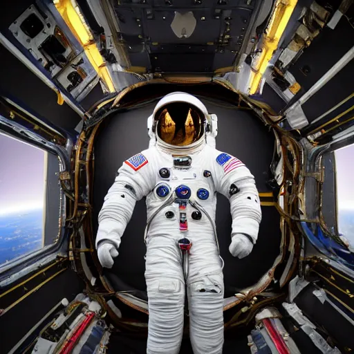 Image similar to photograph of an astronaut in space, singular light source from below, only suit legs and arms illuminated, full body photo, 8 k