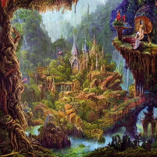 Prompt: a beautiful and highly detailed oil painting of a secret fairy land hidden deep in the lush mountains, wooden structures, intricate details, epic scale, insanely complex, 8 k, sharp focus, hyper realism, fantasy landscape, psychedelic, by caspar friedrich and brian froud,