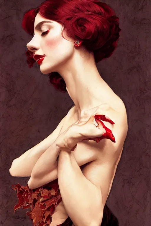 Image similar to a beautiful portrait of prima ballerina with long black and deep red colored hair dressed as a 1 9 6 0 s go - go dancer, intricate, elegant, highly detailed, digital painting, artstation, concept art, symmetrical face, matte, sharp focus, illustration, art by greg rutkowski and alphonse mucha