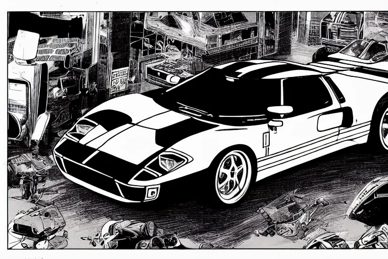 Image similar to ford gt 9 0 ( 1 9 9 5 ) concept car, a page from cyberpunk 2 0 2 0, style of paolo parente, style of mike jackson, adam smasher, johnny silverhand, 1 9 9 0 s comic book style, white background, ink drawing, black and white