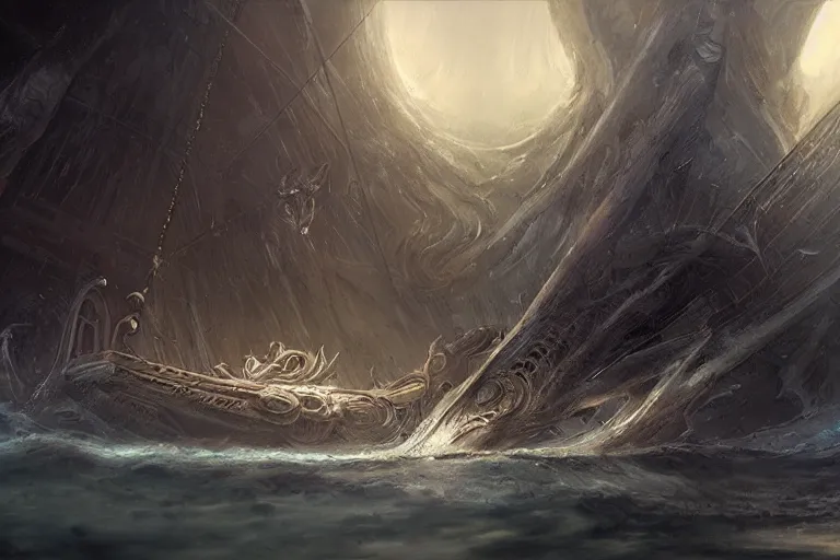 Prompt: Scylla and Charybdis and a Trireme by Jessica Rossier and HR Giger cinematic concept painting