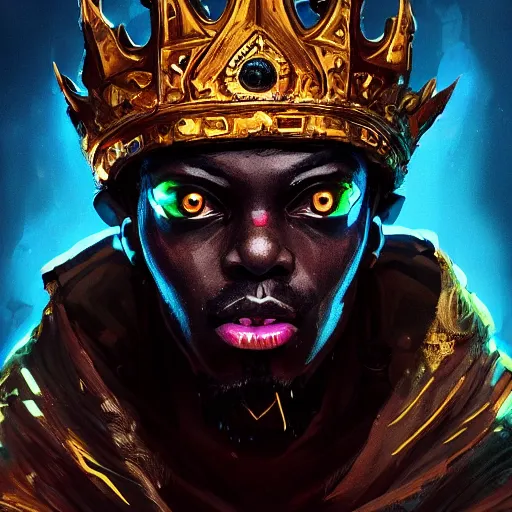 Image similar to a dark and ominous african moor with glowing eyes and a golden crown with a ruby, Apex Legends character digital illustration portrait design, by android jones and greg rutkowski in a cyberpunk voodoo style, detailed, cinematic lighting, wide angle action dynamic portrait