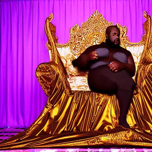 Image similar to Large black man sitting on throne wrapped in silk, background made of large folding curtains, blacklight lighting, dark, hyper detailed, hyper realistic, 8K phot realistic,