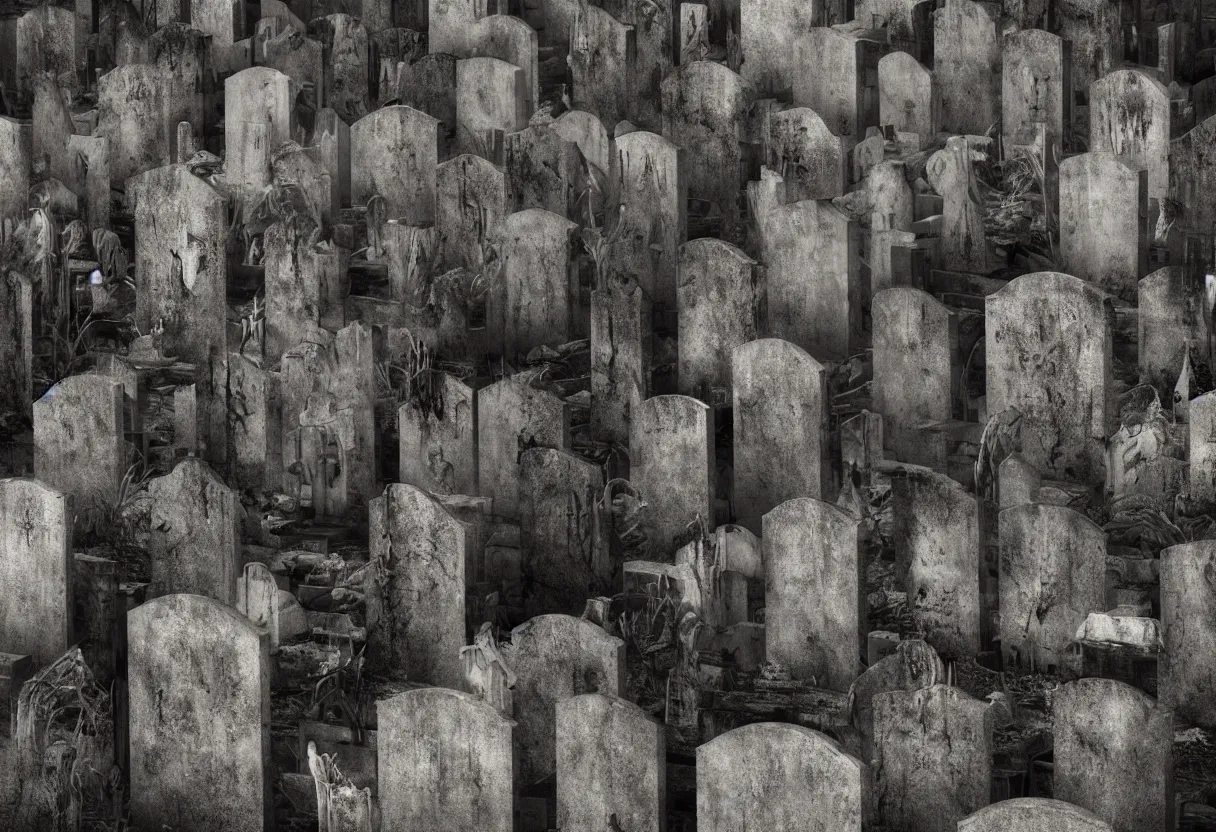 Prompt: decaying faces among the tombstones in demonic cemetary, colorfully ominous background, minimalism, hyper realism, matte painting, realistic, dramatic lighting, octane render, highly detailed, cinematic lighting, cinematic