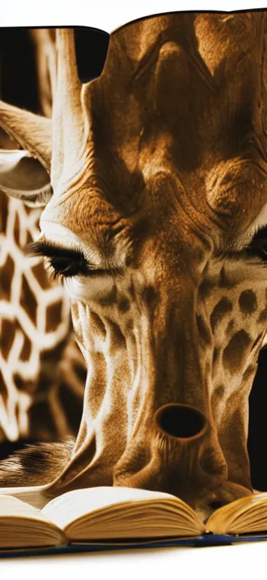 Prompt: giraffe reading book in library side shot, by shunji dodo, 8 k resolution, high quality