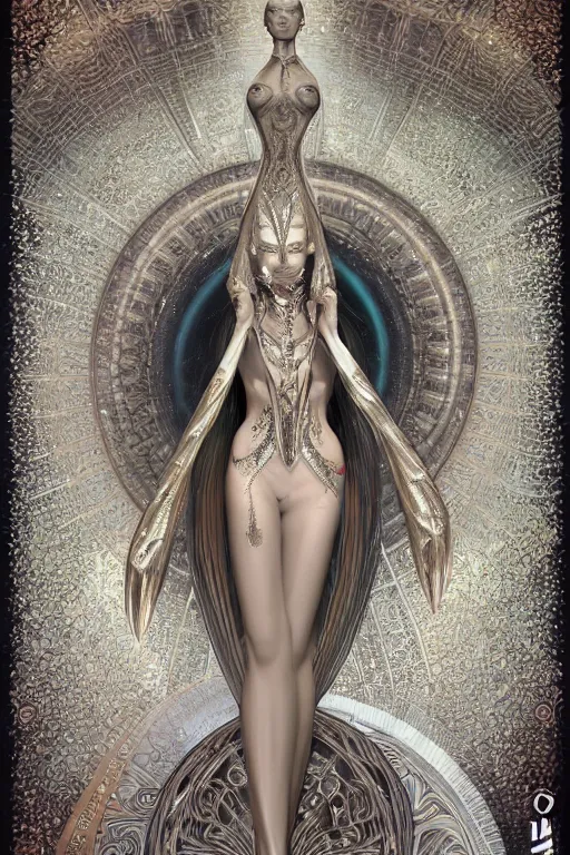 Image similar to a realistic photo of a beautiful ancient alien woman goddess kate moss nataraja standing in iris van herpen dress jewelery and fractals in style of alphonse mucha art nuvo dmt trending on artstation made in unreal engine 4