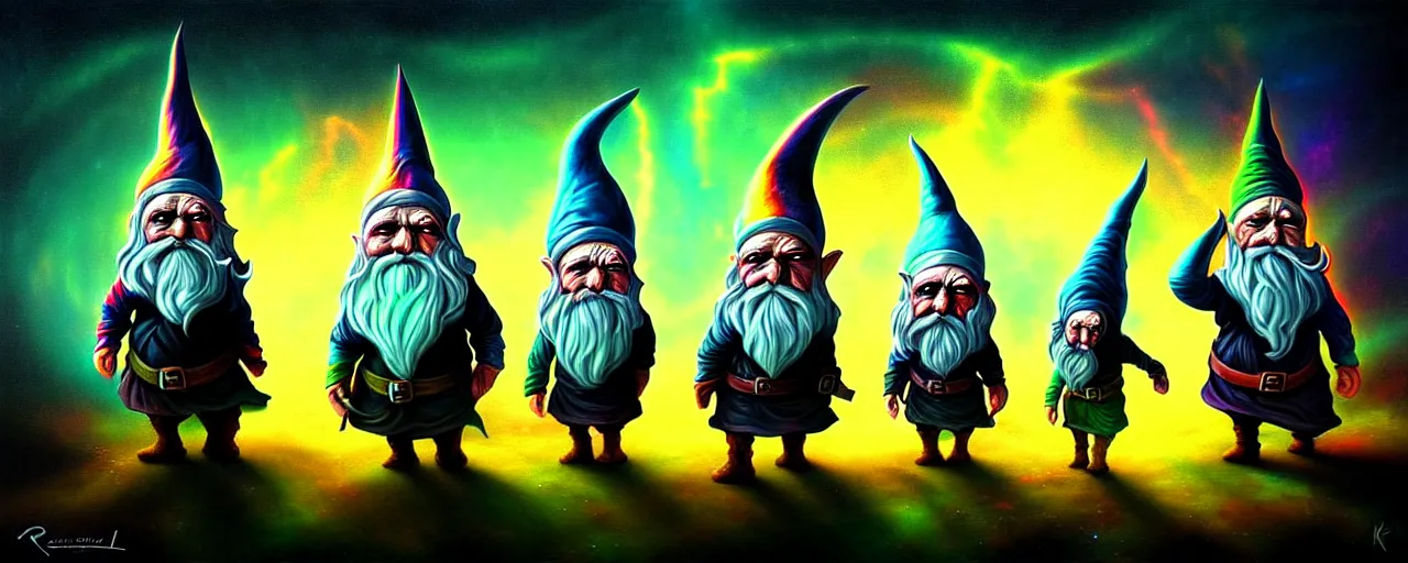 Image similar to whimsical bifrost alchemical gnomes, surreal dark uncanny painting by ronny khalil