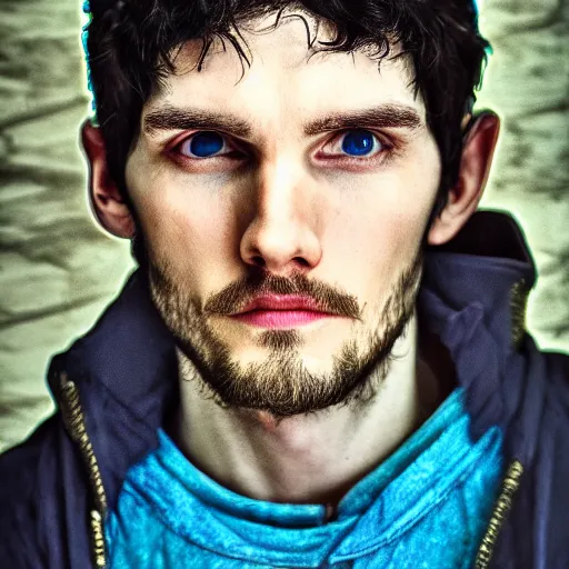 Image similar to colin morgan, handsome portrait, as merlin, hyper real, glow, sapphire blue eyes, 4 k, award winning portrait.