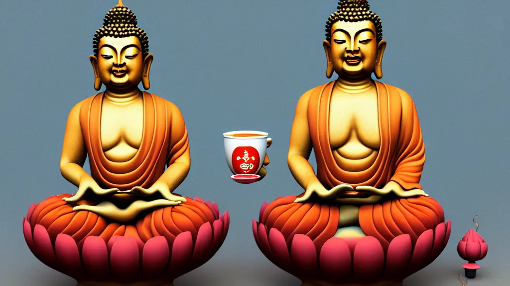 Prompt: a hyperdetailed painting of a happy buddha sitting on a lotus in deep meditation, one hand holding a comically large cup of coffee, ambient occlusion, 3 d model, quantum fractals, magic realism, trending on artstation,