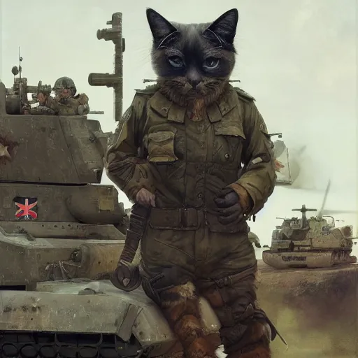 Image similar to Portrait face fuzzy ears furry ripped physique kitty cat general camouflaged as a kitty cat man wearing a military officer uniform standing atop a panzer tank charlie bowater elina brotherus greg rutkowski Dan Witz norman rockwell victo ngai