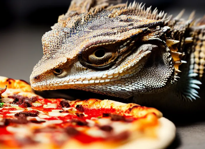 Image similar to dslr portrait still of a bearded dragon eating a peperoni pizza, 8 k 8 5 mm f 1. 4