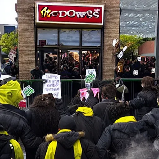 Image similar to orcs standing outside of a McDonald’s, protesting, the working conditions