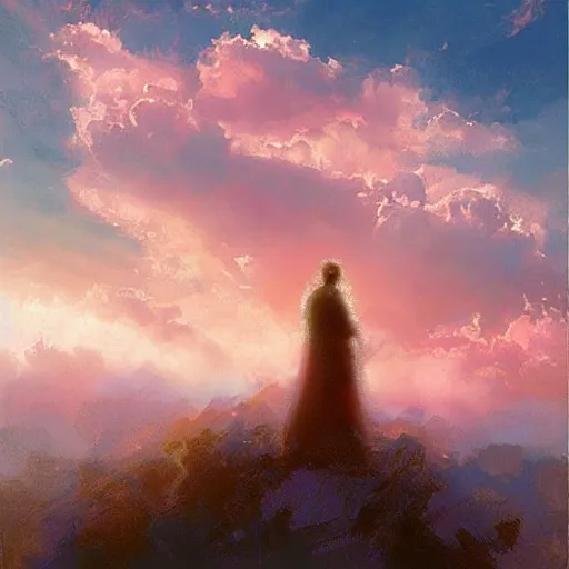 Image similar to a biblically accurate angel in a beautfiful sky, pink clouds illuminated by the sun, eerie, by craig mullins