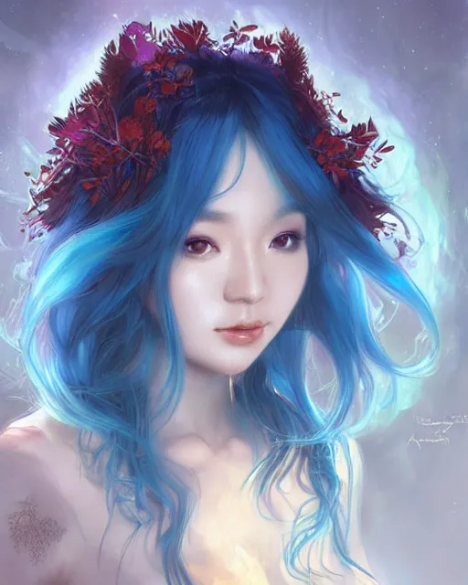 Prompt: stunningly beautiful female blue hair, cute korean actress, dj sura, fantasy art, fae priestess, lush dark forest landscape, fireflys at night, sharp focus, digital painting, 8 k, concept art, art by wlop, artgerm, greg rutkowski and alphonse mucha