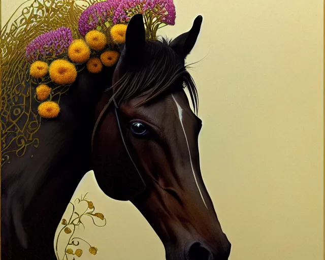 Prompt: side portrait of a horse which disintegrates into ornamental flowers and plants, uniquely beautiful animal, emotionally evoking symbolic metaphors, head in focus, heavily gothic ornamental, intricate, elegant, highly detailed photorealistic digital painting, artstation, concept art, painterly, golden ratio, sharp focus, illustration, art by greg rutkowski and alphonse mucha,