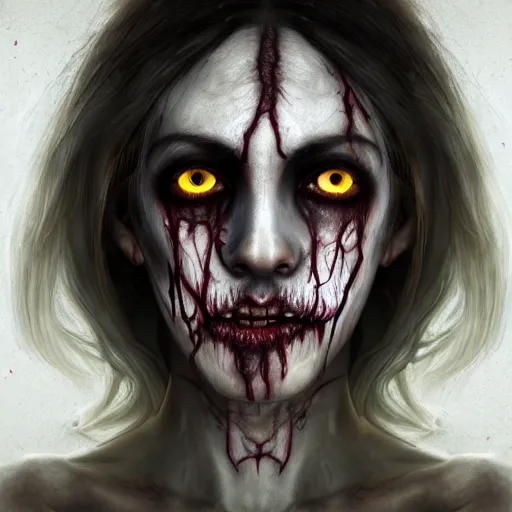 Image similar to high-quality centered portrait of an undead female zombie with a short thick nose and face warpaint, rough dark dirty skin showing the thin veins underneath, glowing slanted upturned yellow eyes::Octane render, trending on artstation, featured on behance, unreal engine::dramatic lighting, volumetric lighting, Global Illumination::art by James Christensen and Artgerm and Sophie Anderson and Eddie Mendoza