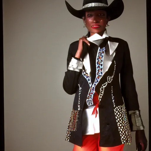 Prompt: kodachrome photograph of a stylish African-American female in a cowboy outfit, taken in 1996