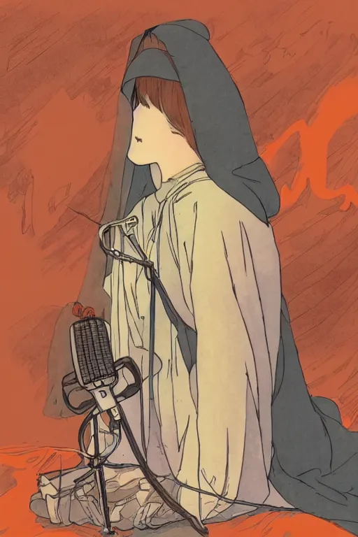 Image similar to a Girl in a large hood sitting on the ground and there have orange slices and album and Microphone around her,Visual Communication Design by studio ghibli and mucha ,Refreshing colour