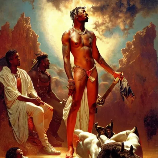 Image similar to 2 1 savage accuses travis scott of betrayal! zeus sits on the throne of olympus, heavenly marble, ambrosia served on golden platters, painting by gaston bussiere, craig mullins, j. c. leyendecker, tom of finland