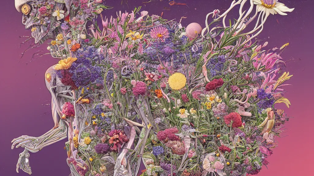 Image similar to highly detailed illustration of a human anatomy body exploded by all the known species of flowers by juan gatti, by makoto shinkai, by moebius!, by oliver vernon, by joseph moncada, by damon soule, by manabu ikeda, by kyle hotz, by dan mumford, by kilian eng