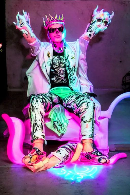 Image similar to full-body rococo and cyberpunk style neon statue of a young attractive Rafael wearing cholo shades macho dotado e rico android sim roupa reclining con las piernas abertas e la piroca dura, ethereal white dripping tar, glowing orange lasers, pink tigers, glowing eyes, silver prince crown, black gears, pink diamonds, swirling mint-colored silk fabric. futuristic elements. full-length view. human skulls. large intricate artwork by caravaggio. Trending on artstation, octane render, cinematic lighting from the right, hyper realism, octane render, 8k, depth of field, 3D