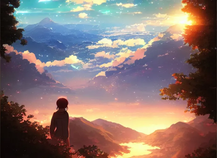 Image similar to watching the stars at night, on a mountain, by wlop, anime key visual, poster