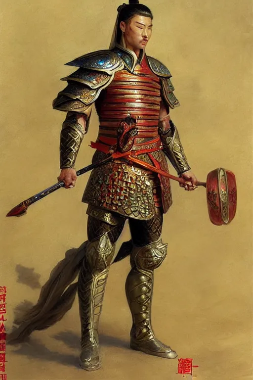 Prompt: attractive muscular male with armor and clothes, tang dynasty, character design, colorful paint, sweat, painting by gaston bussiere, craig mullins, j. c. leyendecker