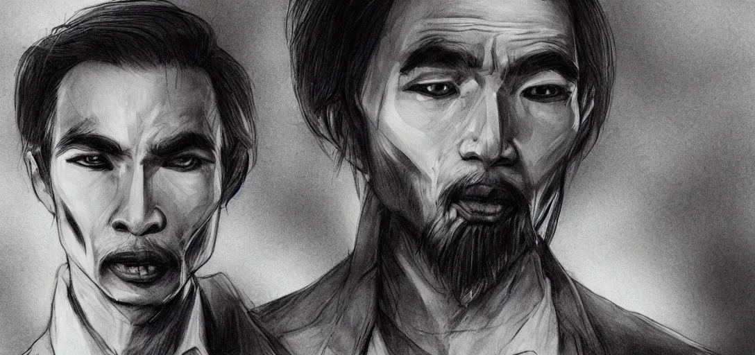 Prompt: black and white pencil portrait of a ho chi minh, vampire wizard, dark asian city street background, trending artstation, relaxed expression, dark lighting, high detail