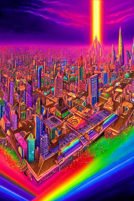 Image similar to a beautiful hyperdetailed painting of spiritual evolution city of god, rainbow retrowave fantasy, wallpaper, highly detailed, trending on artstation.