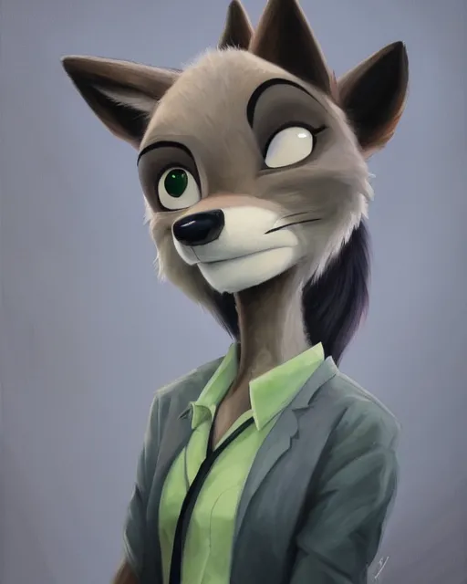 Image similar to oil painting of anthromorphic female wolf, in style of zootopia, zootopia, zootopia, fursona, furry, furaffinity, 4 k, deviantart, furry art, fursona art, wearing black business suit, business suit, in style of zootopia, wolf fursona, cyberpunk, female, expressive detailed feminine face,