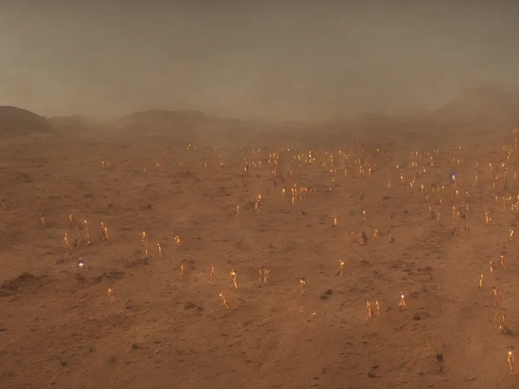 Image similar to the line of glowing bene gesserit people in full - face golden masks in a dry rocky desert landscape with ancient abandoned city beneath the sand and giant alien spaceship in smoke and fire by christopher doyle and alejandro jodorowsky, anamorphic lens, kodakchrome, cinematic composition, very detailed photo, 8 k,