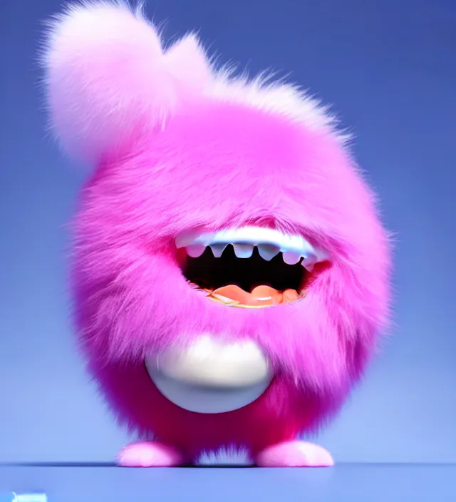 Image similar to high quality 3 d render hyperrealistic very cute big pink little spherical creature with big happy mouth, smile, plush mascot, short spiky dense fluffy smooth hair, isometric view, pink fluffy fur, 1 5 0 mm, beautiful natural soft light, rim light, smooth background, artstation, ultra detailed, elegant, ultra detailed, metallic armor, octane render