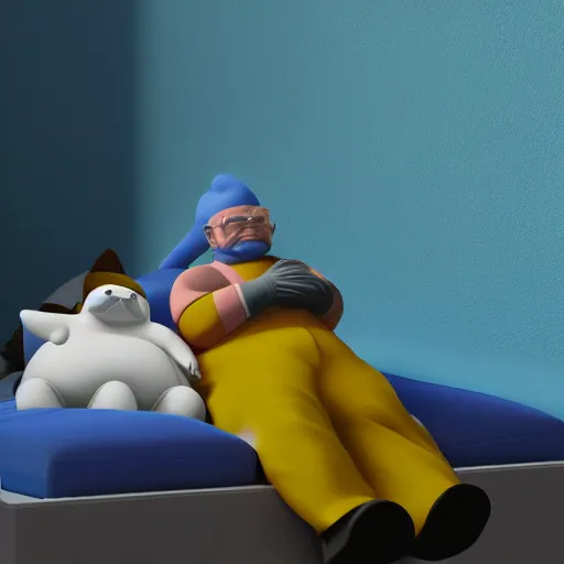 Prompt: walter white 3 d render, high definition, sleeping next to a snorlax, bright blue background, simple, high definition