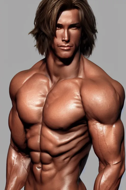 Prompt: a handsomely muscular man [ attaining long brown hair ]!!, upper body!!, portrait!!, zbrush!!, photorealistic facial features, 3 d modeling, trending on cgsociety, [ conceptual art ]!!, [ adamantly defined abs ]!!