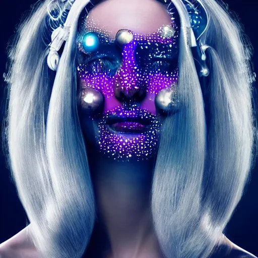 Prompt: portrait of a beautiful futuristic woman layered with high-tech jewelry wrapping around her face and head, 2063