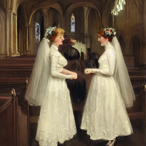 Image similar to two young edwardian women getting married in a church, in the style of Anders Zorn