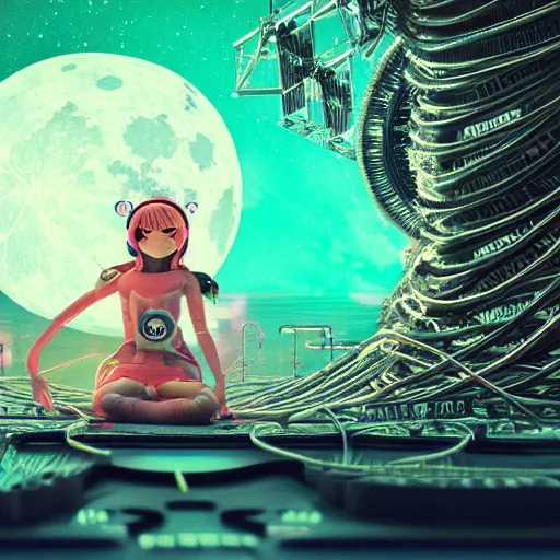 Image similar to space station on the moon, piles of modular synth cables mixed with mangrove roots, kawaii puerto rican goddess staring through your soul wearing a headpiece made of circuit boards, by makoto shinkai and stanley kubrick, unique perspective, eastman color, trending on artstation, cinematic, 3 d render, muted neon