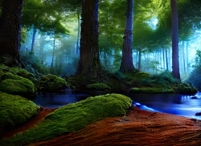 Image similar to hyperrealism, detailed textures, photorealistic 3 d render, a surreal mystical forest with a bright winding blue creek, sharp focus, ultra realistic, ultra high pixel detail, cinematic, intricate, cinematic light, concept art, illustration, art station, unreal engine 8 k