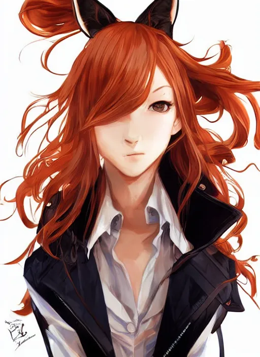 Prompt: portrait illustration by shigenori soejima, beautiful girl with fox ears, focus on face, pretty, cinematic lighting, painterly, long wavy orange hair, light brown trenchcoat