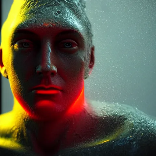 Image similar to a human sculpted out of rain, neon, rendered in octane, unreal engine, highly detailed, realistic, beautiful, emotional