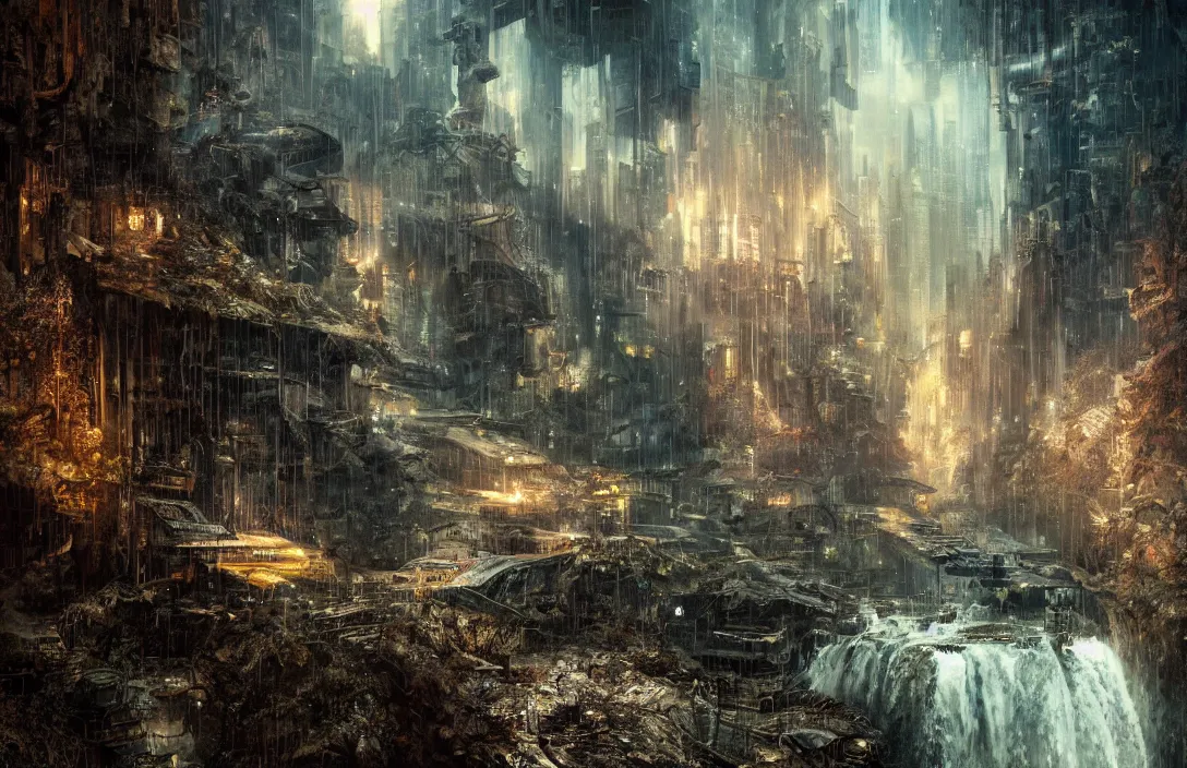 Prompt: a highly detailed abandoned blade runner cyberpunk environment on the edge of a waterfall, detailed intelligent scrollwork, hyperreal phantastic, intricate details in environment, luminance, golden ratio, high aestehtic, cinematic light, dramatic light, godrays, distance, photobash, wideangle, bierstadt, hyperreal 4 k