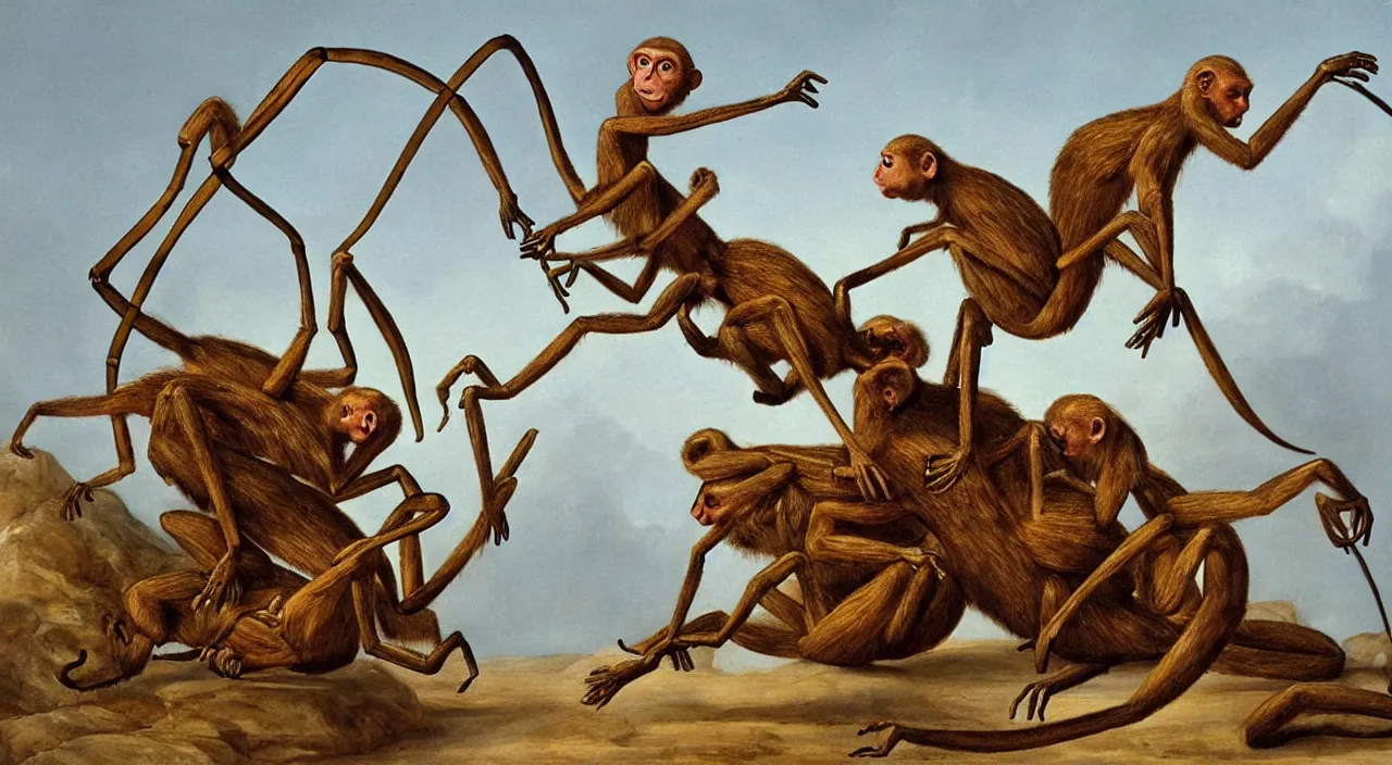 Prompt: 7 monkeys riding giant biomechanics ants, by most renowned artist of the romanticism, hiperrealism,