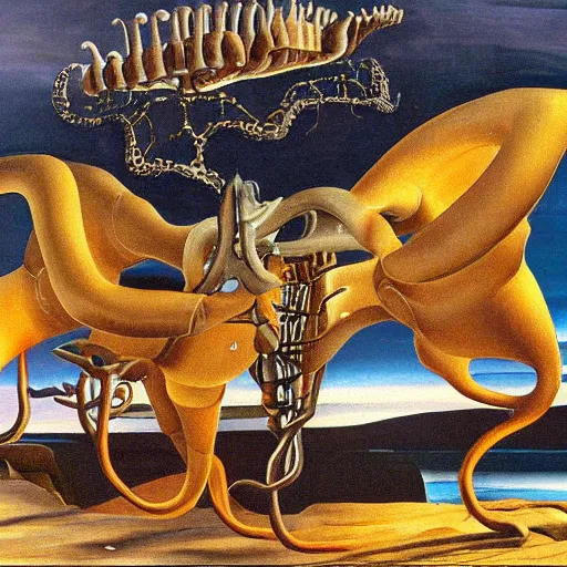 Prompt: a cybernetic Callistoctopus macropus giving a lecture in a shallow area of the Mediterranean Sea, midnight in Cap de Creus, oil painting by Salvador Dali
