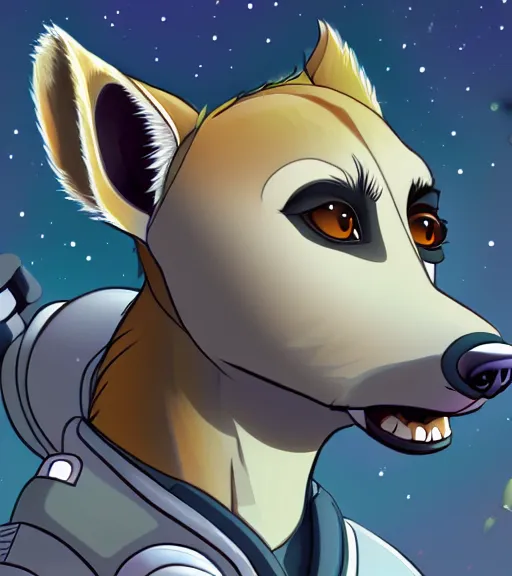 Image similar to digital detailed full body of anthromorphic female hyena, in style of zootopia, fursona, furry, furaffinity, 4 k, deviantart, wearing astronaut outfit, in style of zootopia, floating in space, space background, in deep space, dark background, hyena fursona, cyberpunk, female, detailed face,