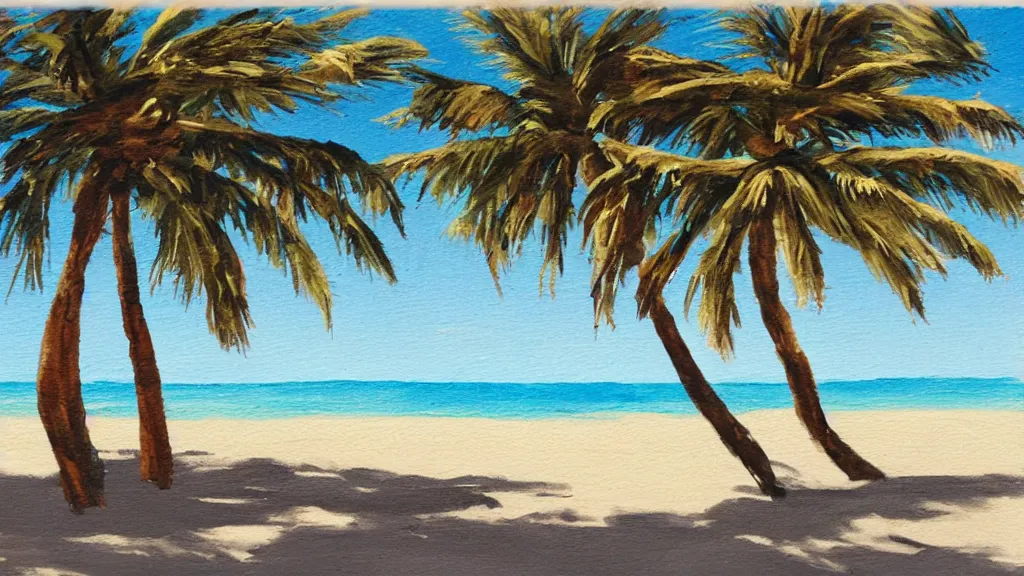 Prompt: a Drybrush art sample of a white sand beach with palms on the sides