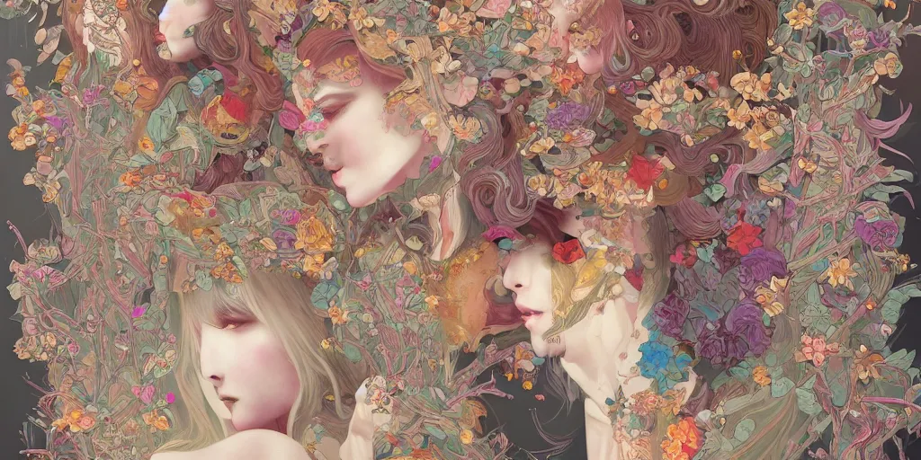 Image similar to breathtaking detailed concept art painting kaleidoscope art deco pattern of blonde faces goddesses amalmation flowers, by hsiao - ron cheng, bizarre compositions, exquisite detail, extremely moody lighting, 8 k